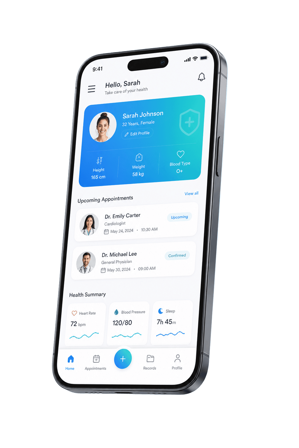 MyHealth app interface on a smartphone